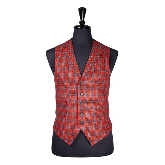 Mens Waistcoat Suit Lapel Vest 40R Red Teal Plaid 100% Wool Formal Wedding Party